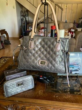 1981 Vintage GUESS Metallic Taupe Quilted Tote with Wallet Set